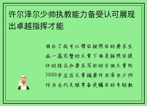 许尔泽尔少帅执教能力备受认可展现出卓越指挥才能